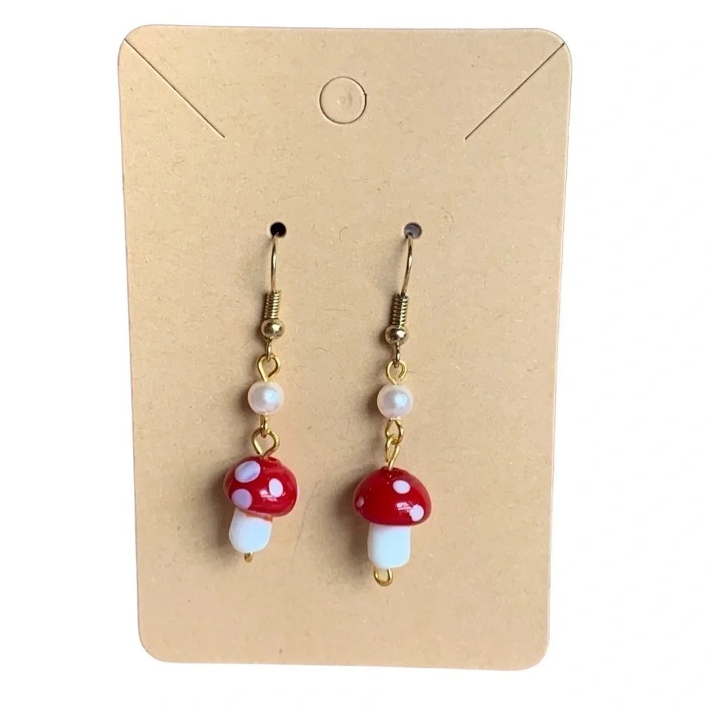 Handmade Mushroom and Pearl Dangle Earrings